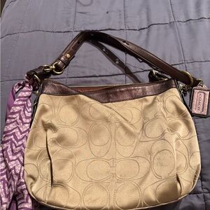 Coach Cream and Brown Signature Shoulder Bag